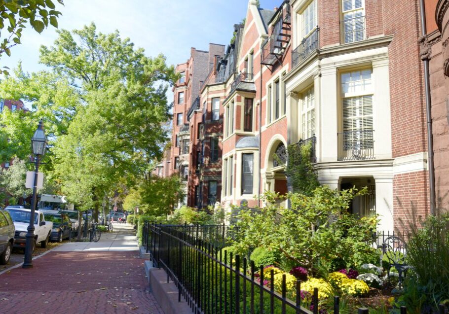 Tree-lined street with charming townhouses